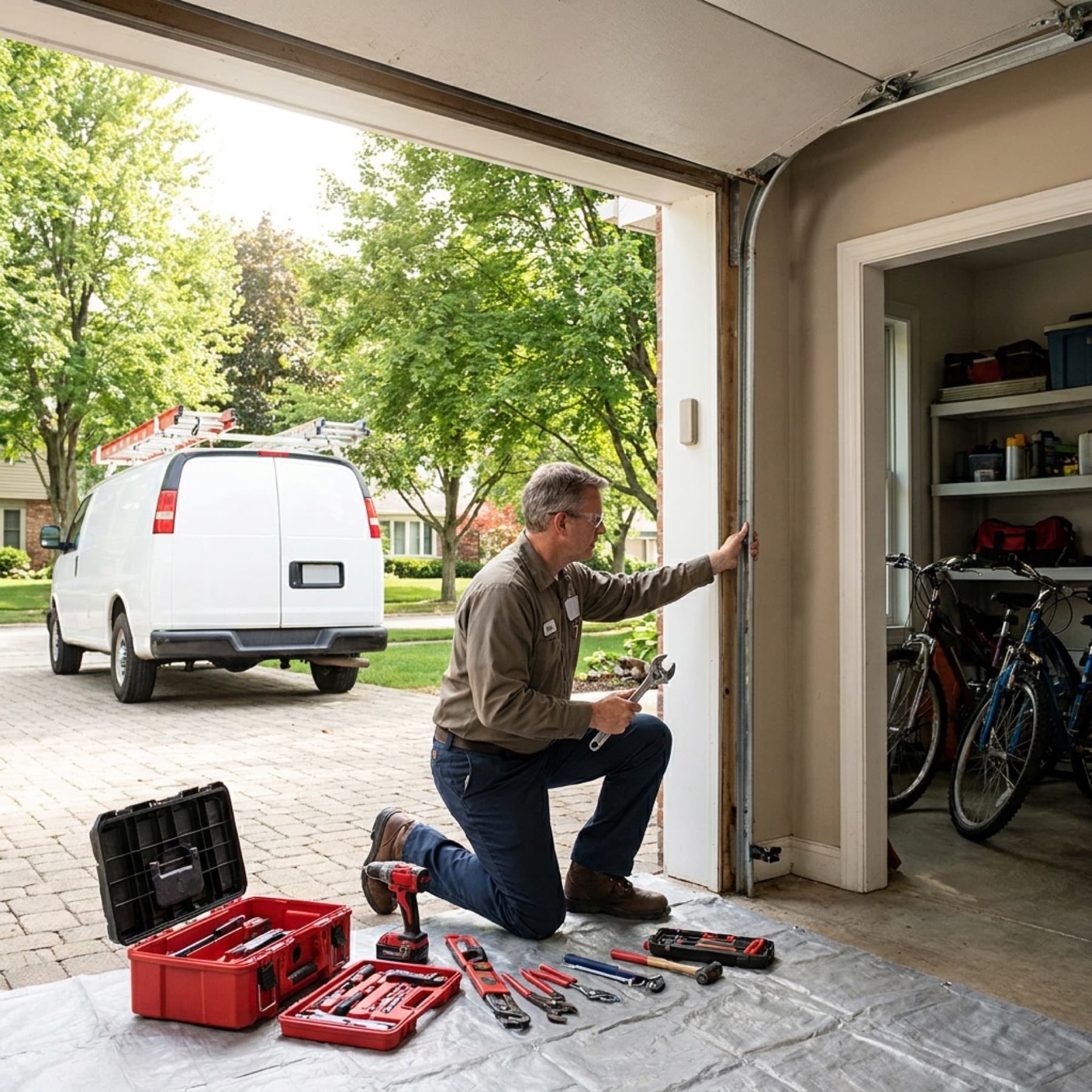 Technician checking a garage door jamb and hardware